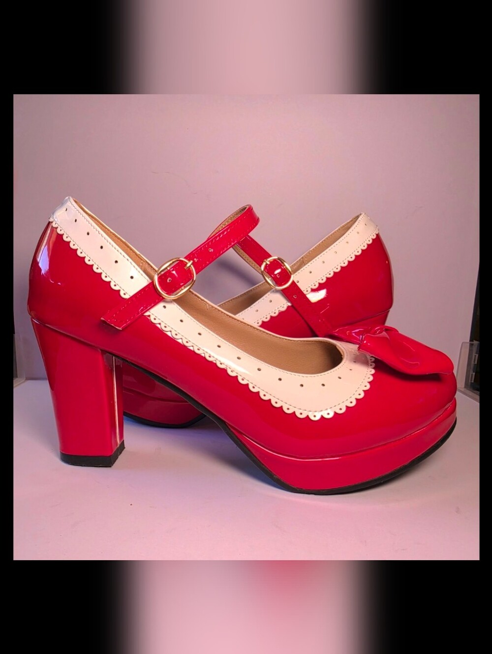 Red & White Mary Jane Platform 3 Inch Heels with Bow Woman 7.5 New Without Tags